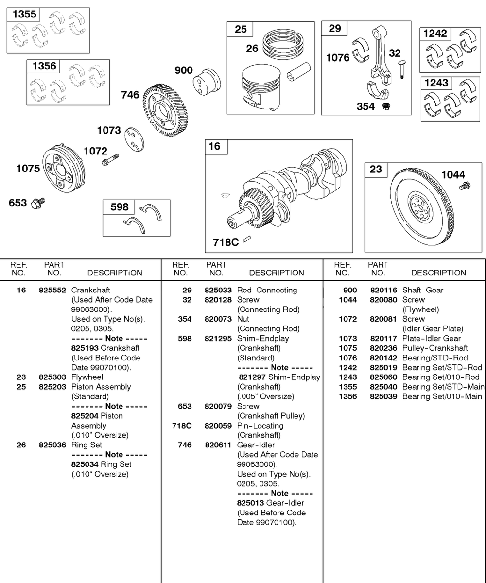 Piston, Rings, Crankshaft, Flywheel, Connecting Rod Diagram and Parts List for 587447-0105-XX  Briggs and Stratton Engine